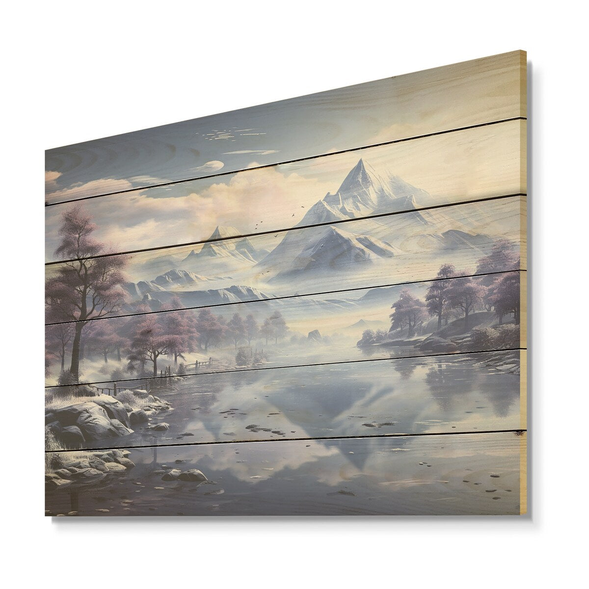Designart "Mountain Blue Peak Harmonies" Mountains Wood Wall Decor Traditional Purple Wood Panel On Natural Pine Wood