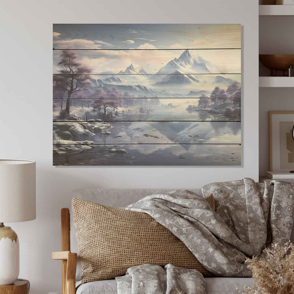 Designart "Mountain Blue Peak Harmonies" Mountains Wood Wall Decor Traditional Purple Wood Panel On Natural Pine Wood