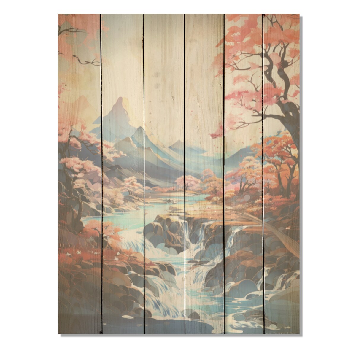 Designart "Mountain Charm Fantasy" Mountains Wood Wall Decor - Traditional Peach Wood Panel On Natural Pine Wood