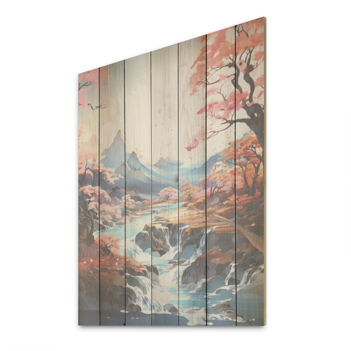 Designart "Mountain Charm Fantasy" Mountains Wood Wall Decor - Traditional Peach Wood Panel On Natural Pine Wood