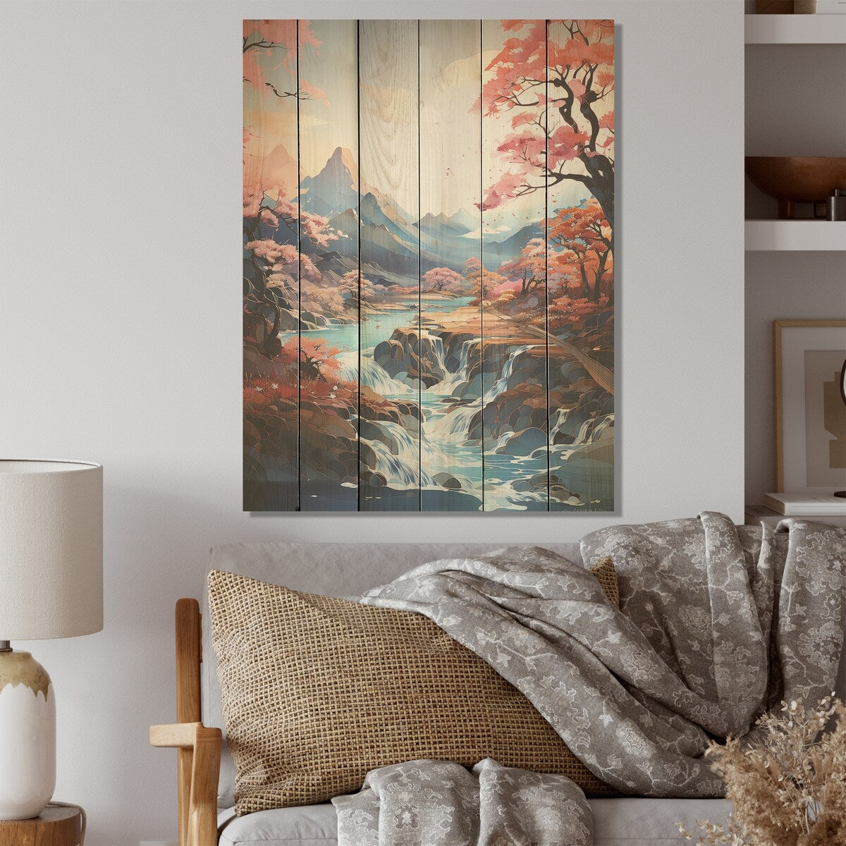 Designart "Mountain Charm Fantasy" Mountains Wood Wall Decor - Traditional Peach Wood Panel On Natural Pine Wood