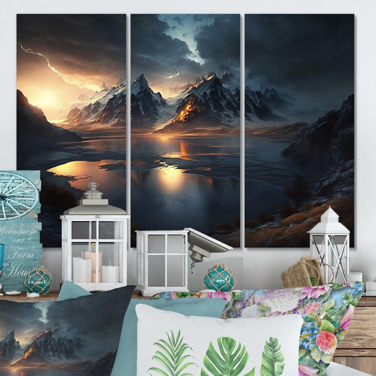 Designart "Mountain River" Landscape Forest River Mountains Canvas Art Print - 3 Panels