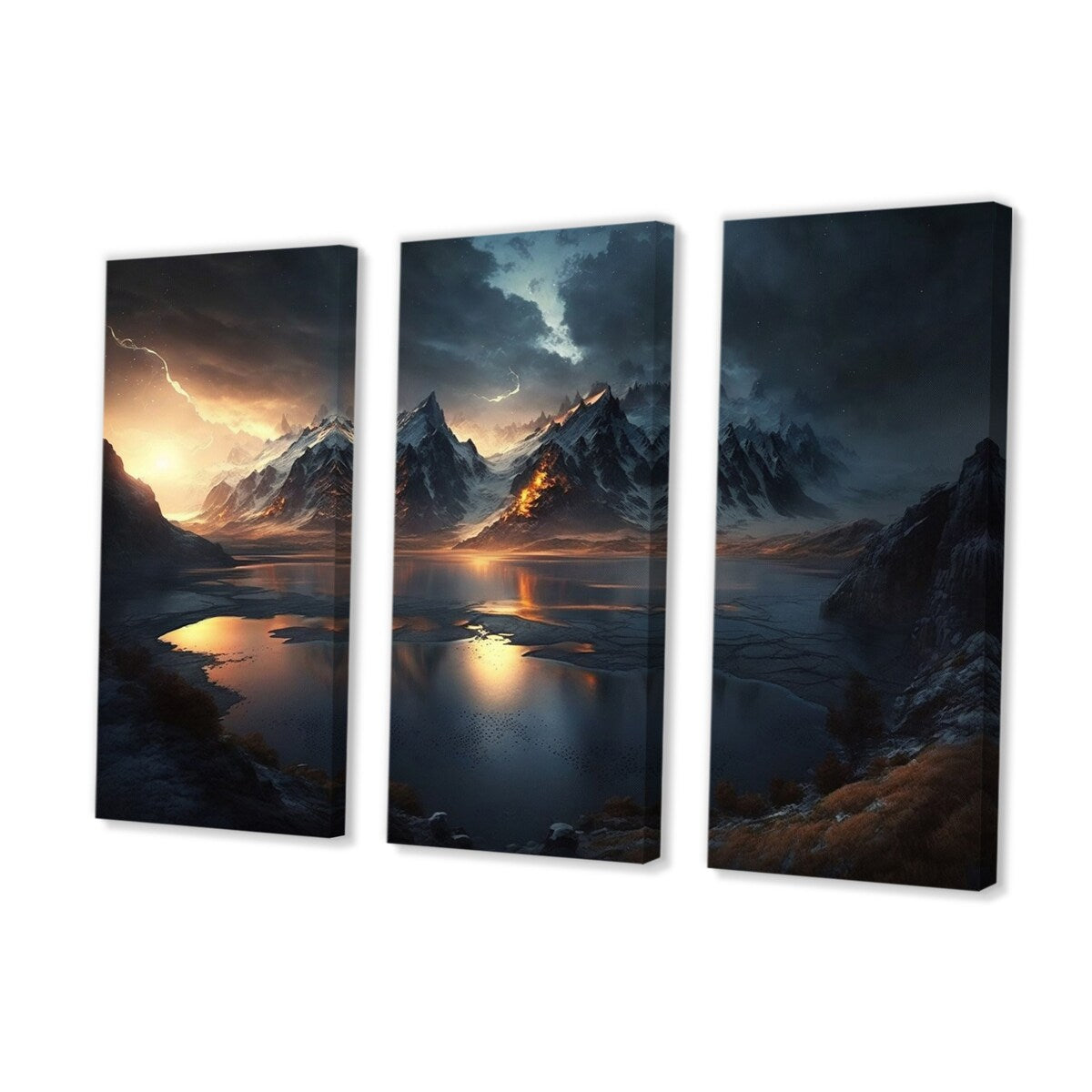 Designart "Mountain River" Landscape Forest River Mountains Canvas Art Print - 3 Panels