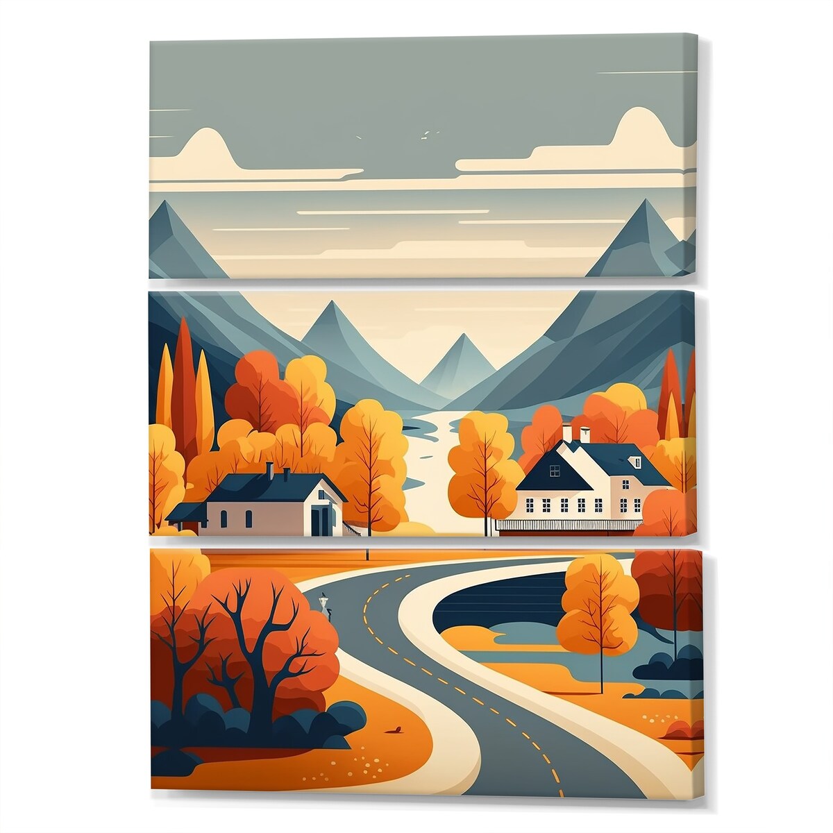 Designart "Mountain Village In Autumn" Landscape Mountains Canvas Art Print - 3 Panels