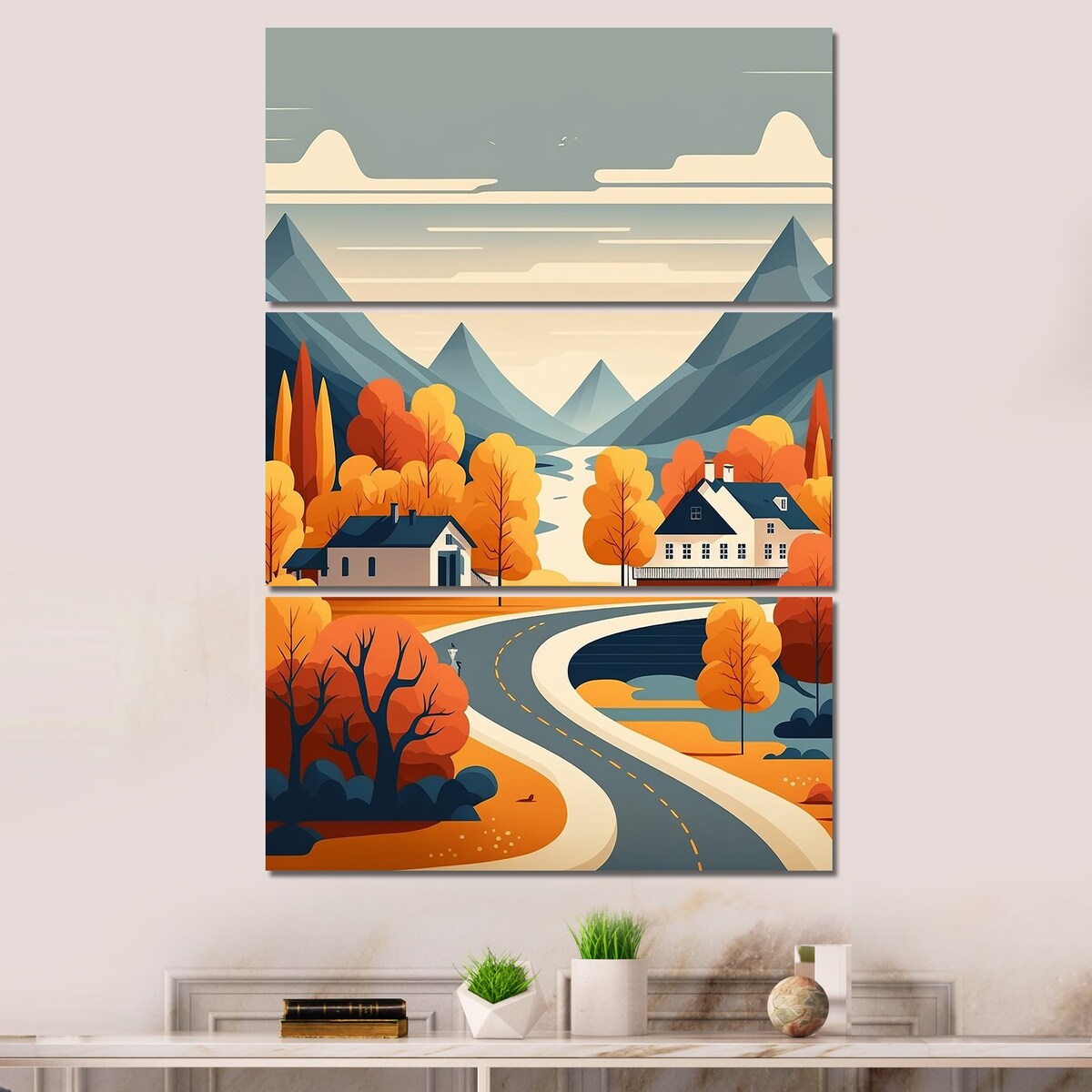 Designart "Mountain Village In Autumn" Landscape Mountains Canvas Art Print - 3 Panels