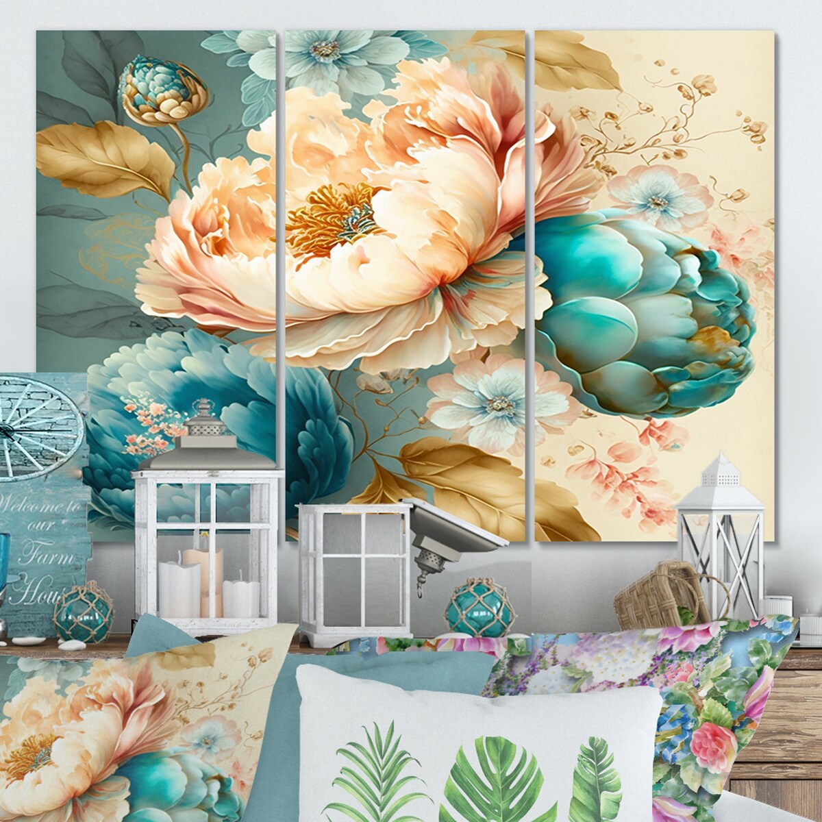 Designart "Multi-Color Blooming Flowers V" Floral Canvas Art Print - 3 Panels