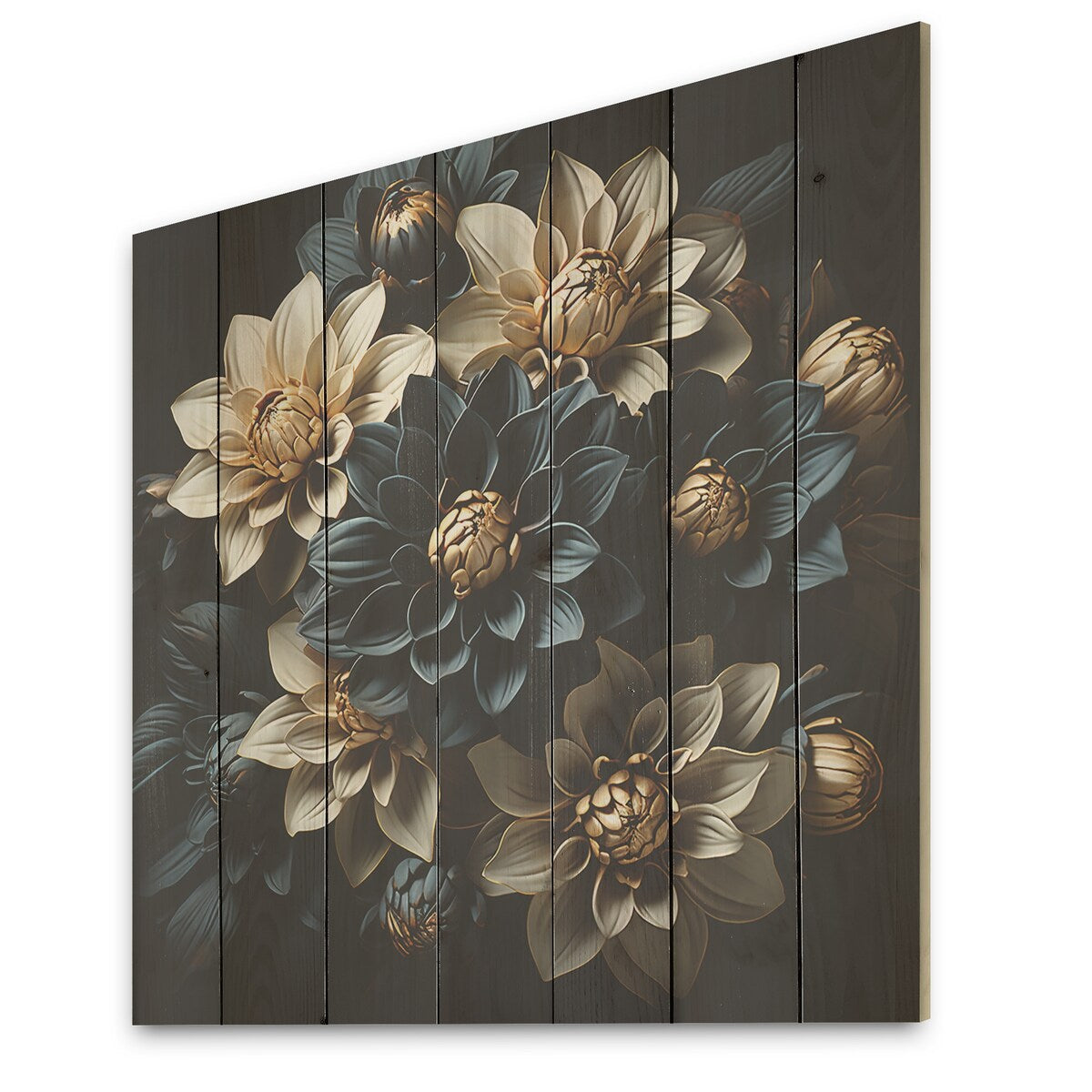 Designart "Mums Noir Black Enchantment I" Mums Wood Wall Decor - Traditional Blue Wood Panel On Natural Pine Wood
