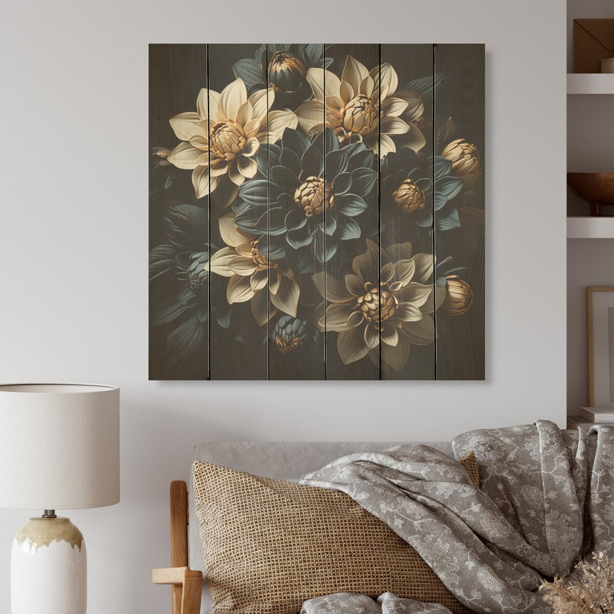 Designart "Mums Noir Black Enchantment I" Mums Wood Wall Decor - Traditional Blue Wood Panel On Natural Pine Wood