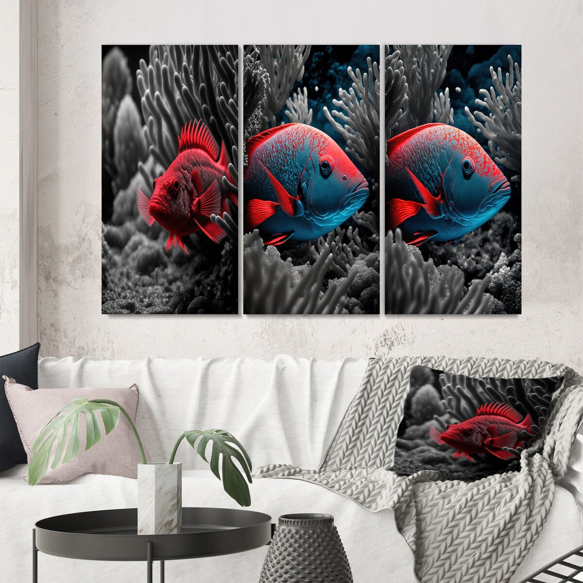Designart "Mysterious Tropical Fish In Blue And Red II" Animal Fish Wall Art Set Of 3 - Canvas Set For Living Room Decor