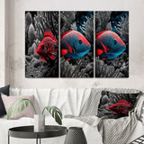Designart "Mysterious Tropical Fish In Blue And Red II" Animal Fish Wall Art Set Of 3 - Canvas Set For Living Room Decor