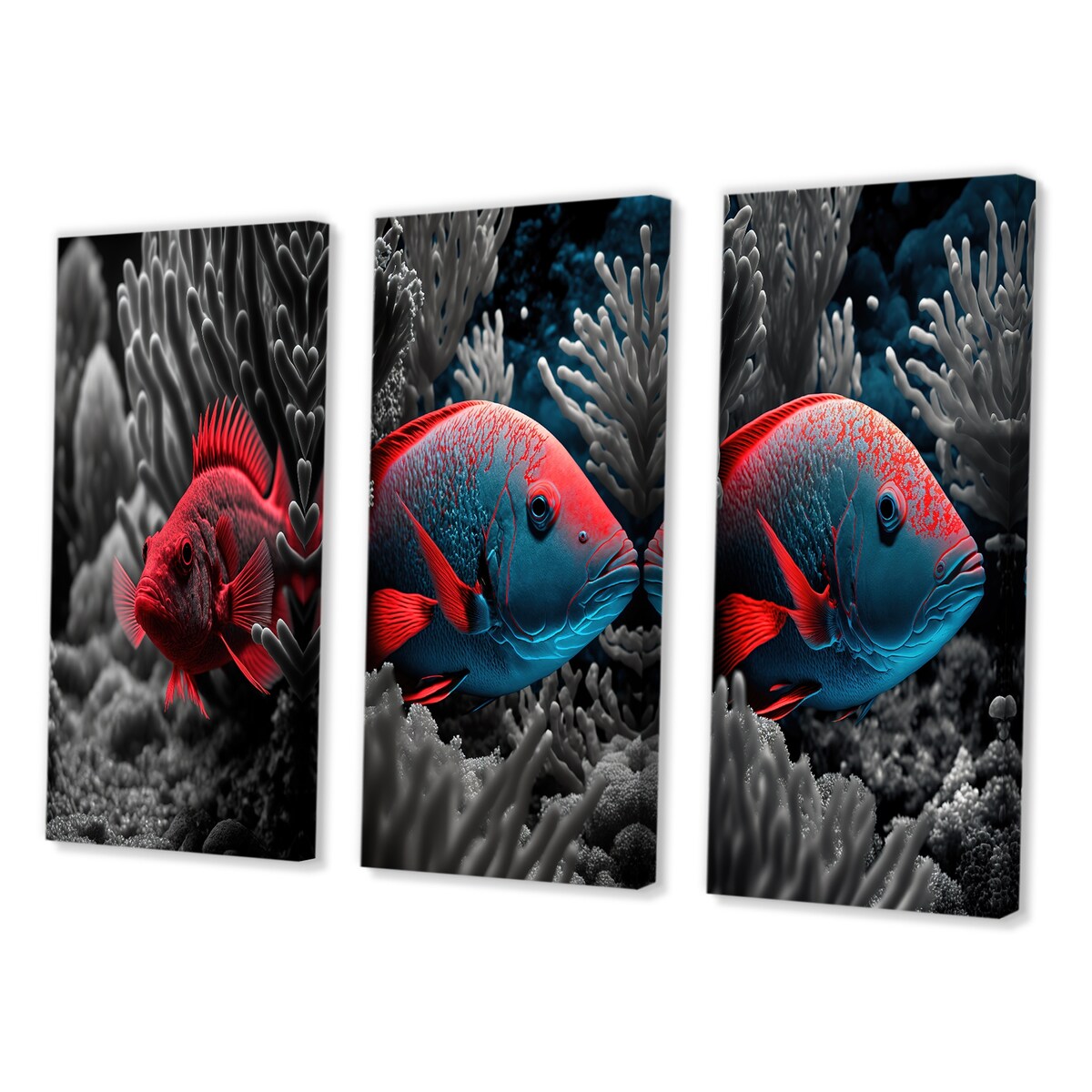 Designart "Mysterious Tropical Fish In Blue And Red II" Animal Fish Wall Art Set Of 3 - Canvas Set For Living Room Decor