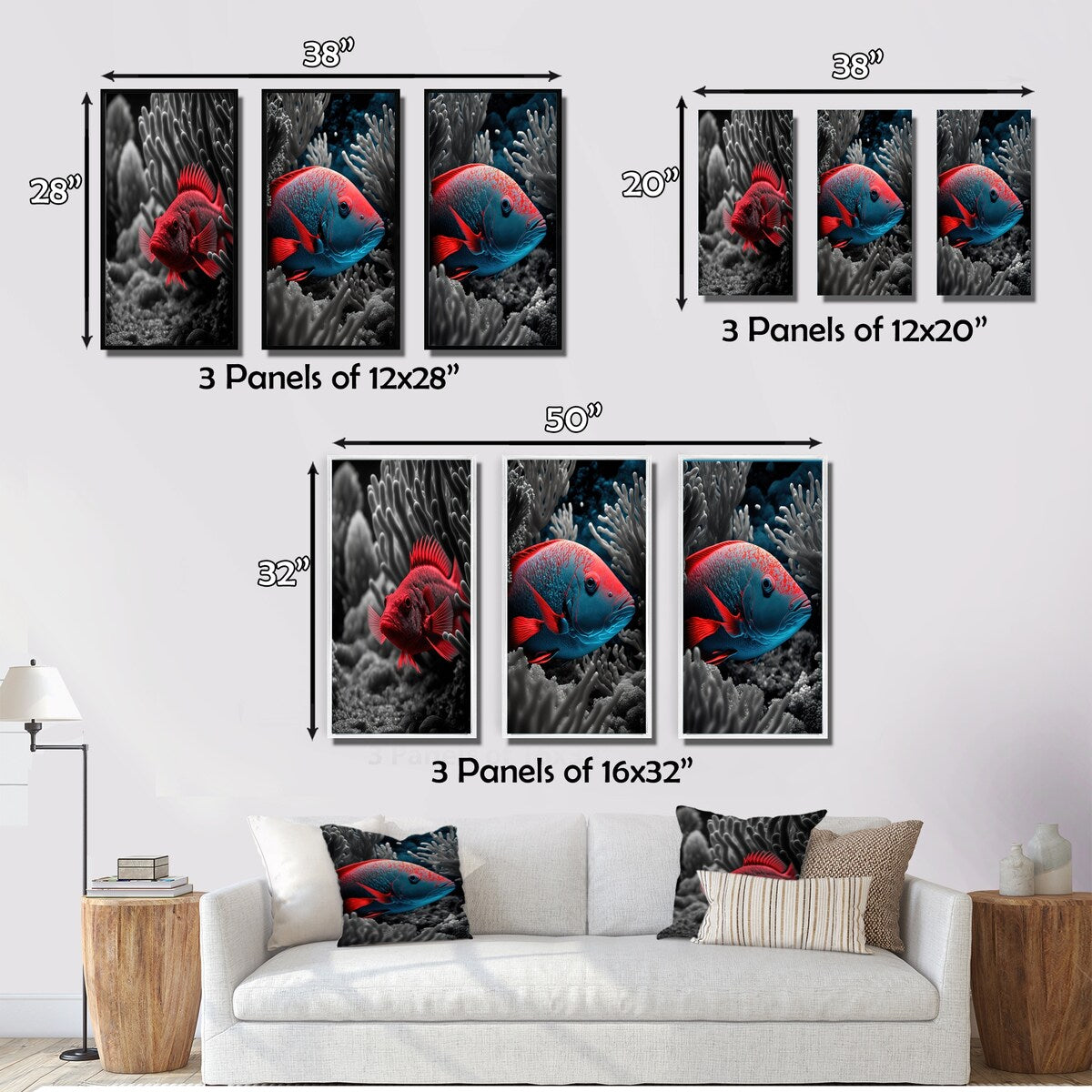 Designart "Mysterious Tropical Fish In Blue And Red II" Animal Fish Wall Art Set Of 3 - Canvas Set For Living Room Decor