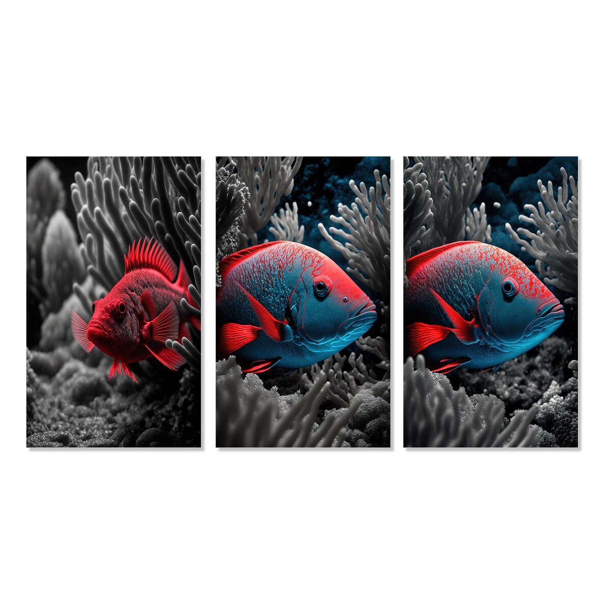 Designart "Mysterious Tropical Fish In Blue And Red II" Animal Fish Wall Art Set Of 3 - Canvas Set For Living Room Decor