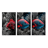 Designart "Mysterious Tropical Fish In Blue And Red II" Animal Fish Wall Art Set Of 3 - Canvas Set For Living Room Decor