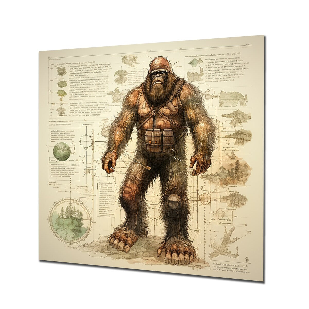 Designart "Mystical Bigfoot Blueprint I" Bigfoot Metal Wall Art - Brown Metal Wall Décor Modern Metal Art Work