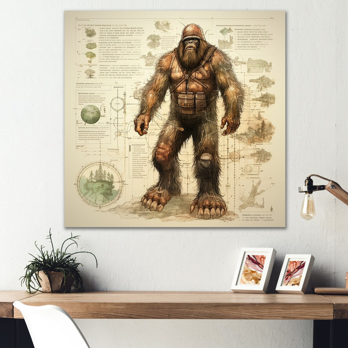 Designart "Mystical Bigfoot Blueprint I" Bigfoot Metal Wall Art - Brown Metal Wall Décor Modern Metal Art Work