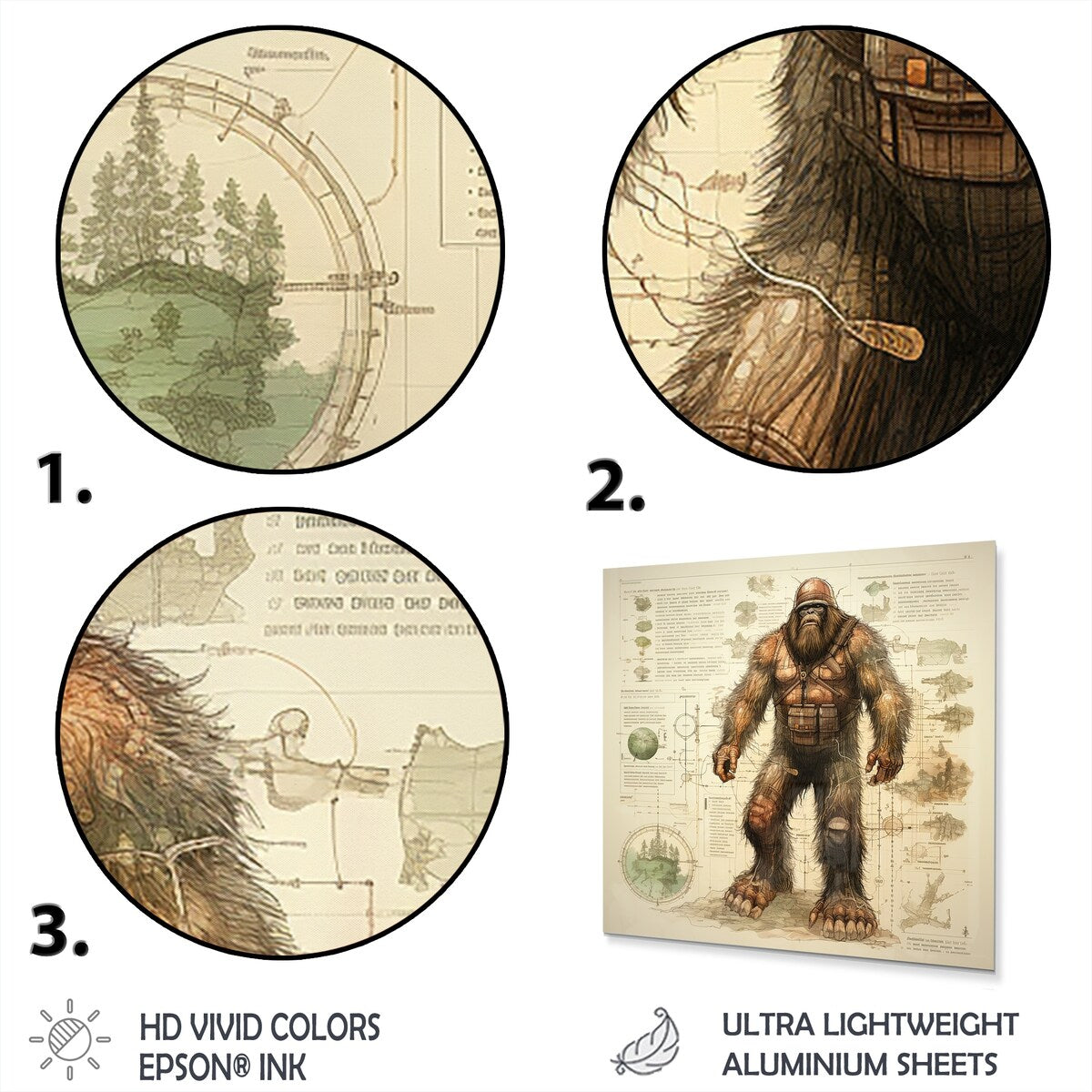 Designart "Mystical Bigfoot Blueprint I" Bigfoot Metal Wall Art - Brown Metal Wall Décor Modern Metal Art Work