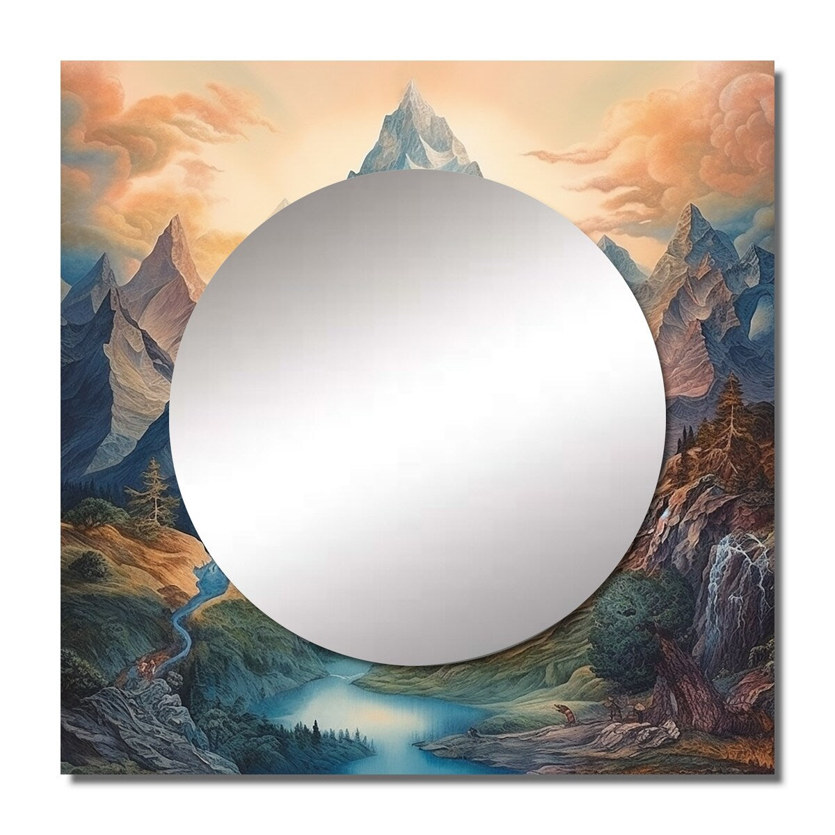 Designart "Mystical Glorious Mountain Magical Daydreams" Meadow Wall Mirror - Landscapes Large Square Mirror