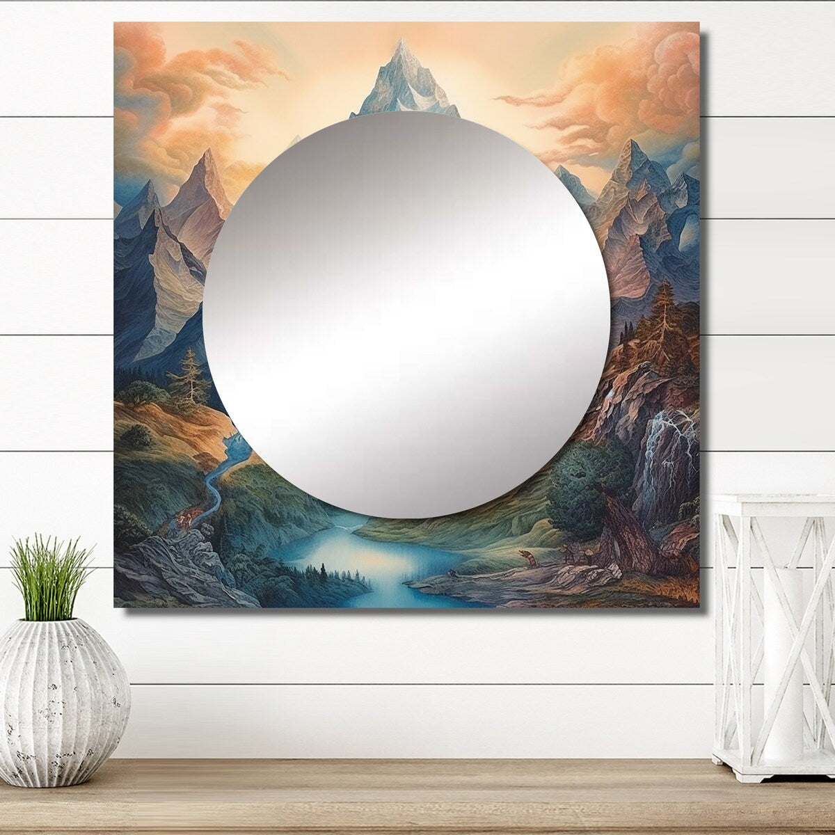 Designart "Mystical Glorious Mountain Magical Daydreams" Meadow Wall Mirror - Landscapes Large Square Mirror