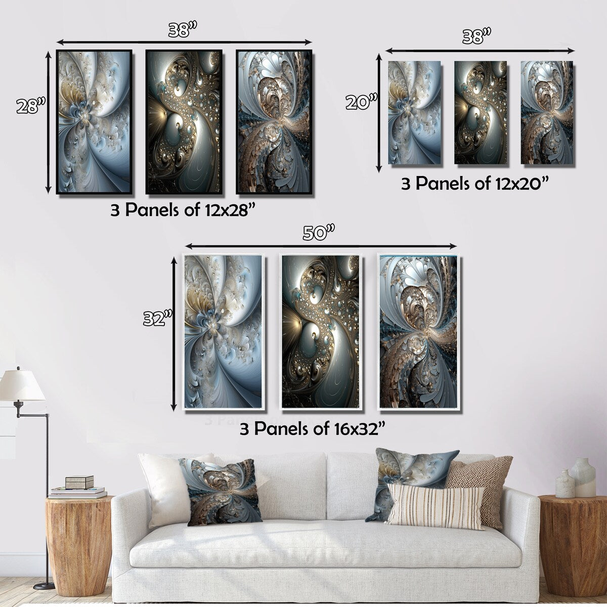 Designart "Mystical Universe In Mysterious Blue And Gold V" Fractals Blue - Printed Art Set Of 3 For Bedroom