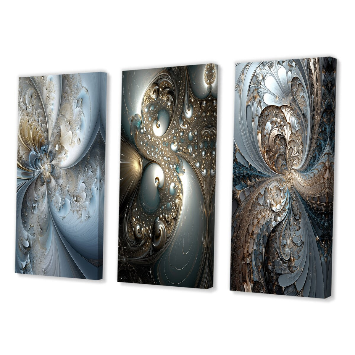 Designart "Mystical Universe In Mysterious Blue And Gold V" Fractals Blue - Printed Art Set Of 3 For Bedroom