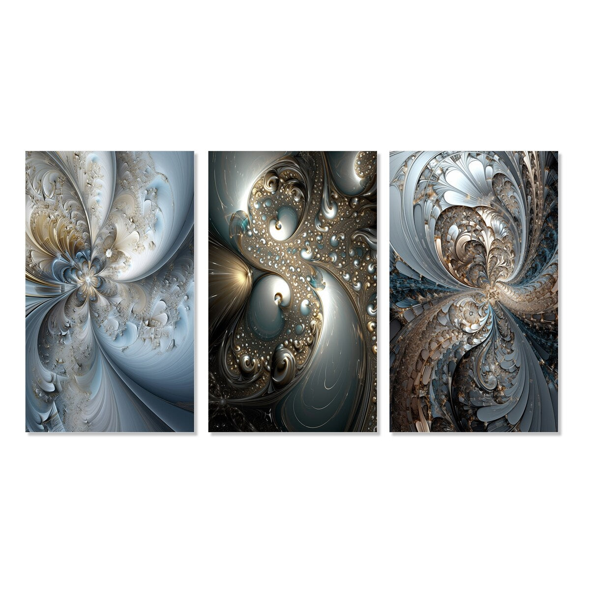 Designart "Mystical Universe In Mysterious Blue And Gold V" Fractals Blue - Printed Art Set Of 3 For Bedroom
