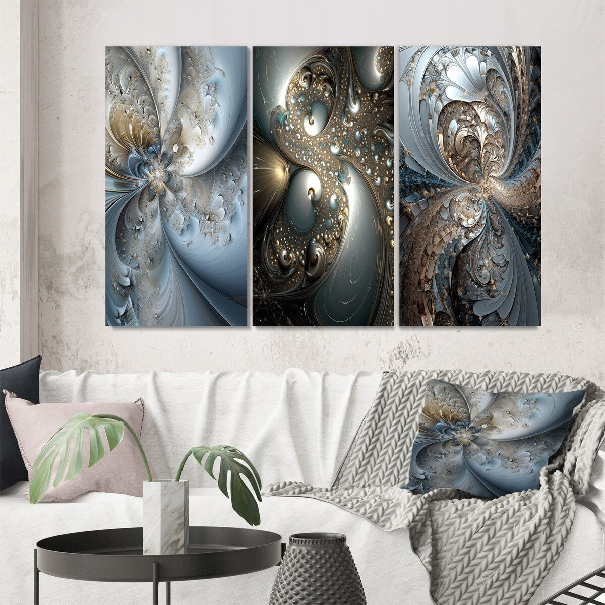 Designart "Mystical Universe In Mysterious Blue And Gold V" Fractals Blue - Printed Art Set Of 3 For Bedroom