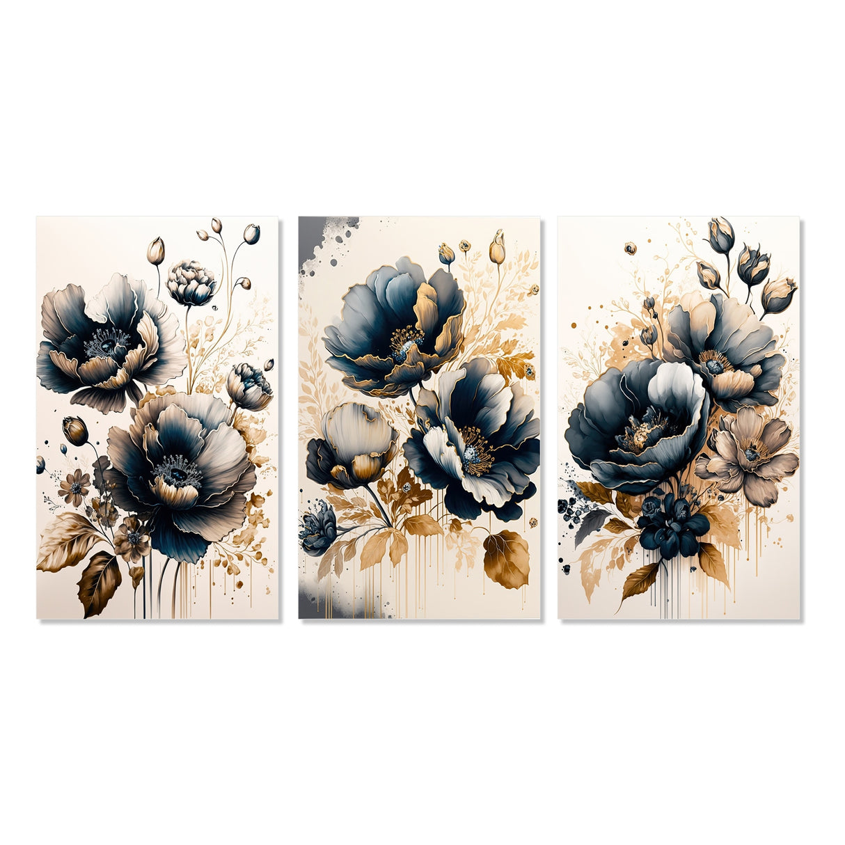 Designart "Navy Blue And Gold Poppy Flowers I" Floral & Botanical Blue - Gallery Wall Set Of 3 For Home Decor