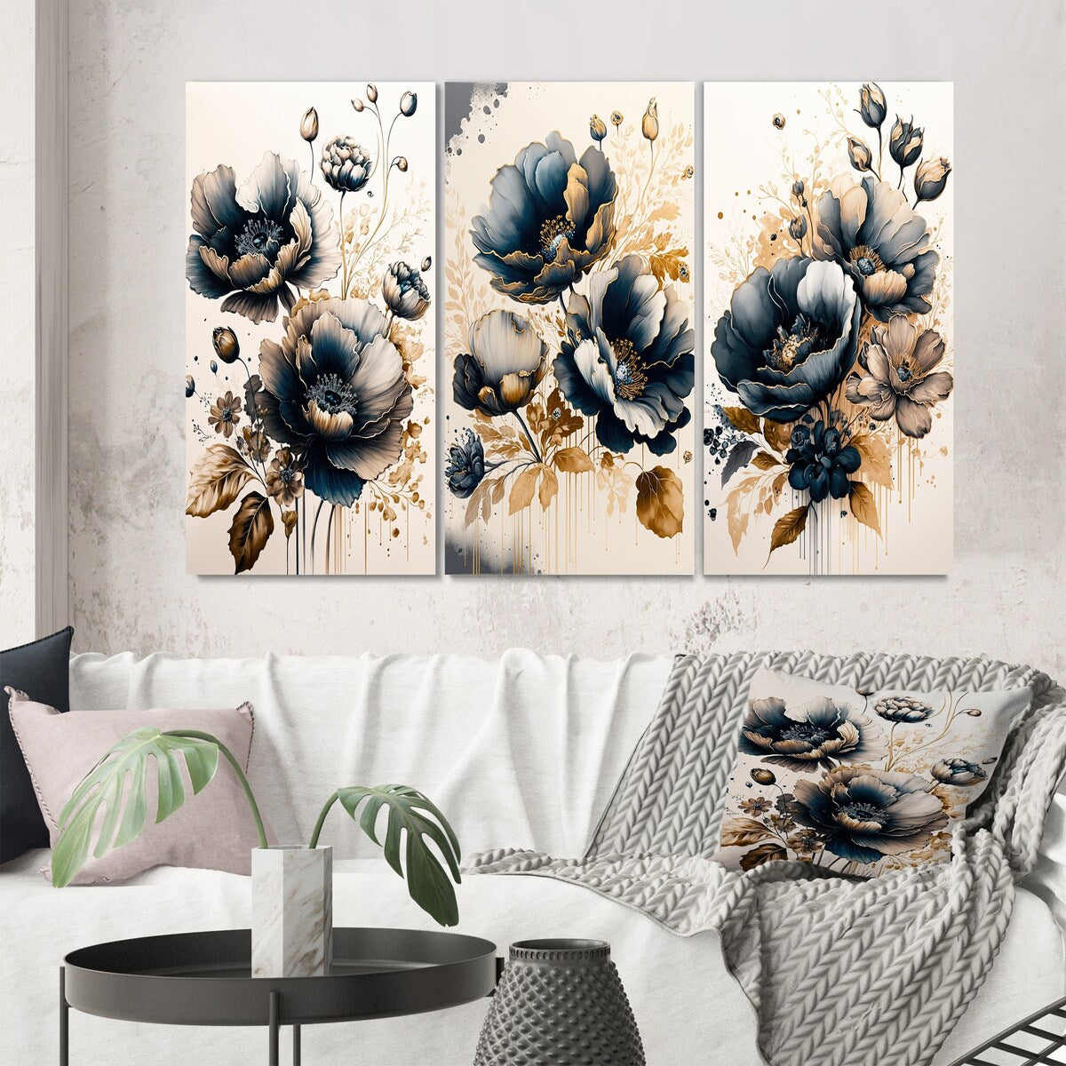 Designart "Navy Blue And Gold Poppy Flowers I" Floral & Botanical Blue - Gallery Wall Set Of 3 For Home Decor