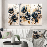 Designart "Navy Blue And Gold Poppy Flowers I" Floral & Botanical Blue - Gallery Wall Set Of 3 For Home Decor