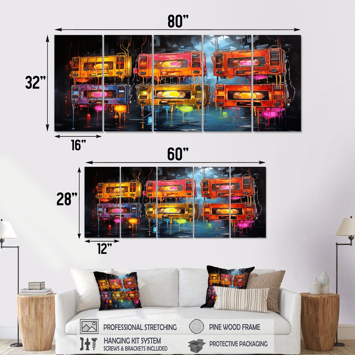Designart "Neon Groove Cassette Tapes I" Colorful Cassette Tapes Set Of 5 Modern Oversized Canvas Wall Art For Entryway