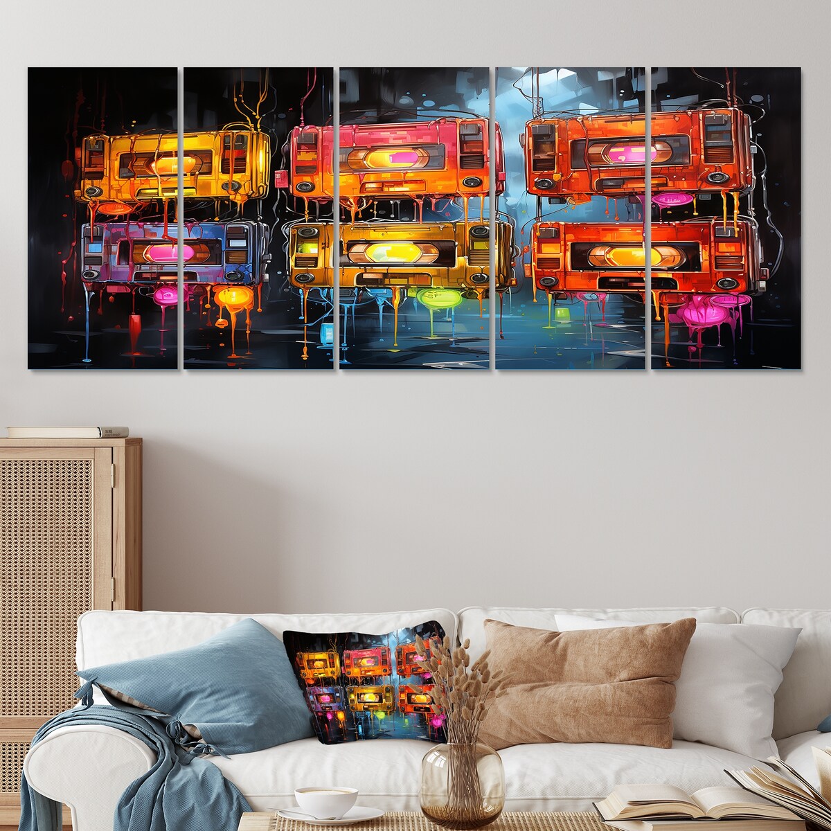 Designart "Neon Groove Cassette Tapes I" Colorful Cassette Tapes Set Of 5 Modern Oversized Canvas Wall Art For Entryway