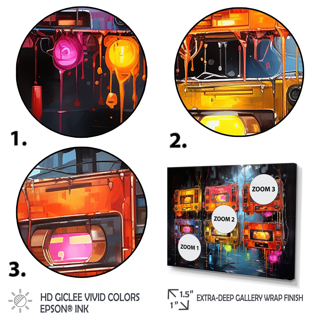 Designart "Neon Groove Cassette Tapes I" Colorful Cassette Tapes Set Of 5 Modern Oversized Canvas Wall Art For Entryway