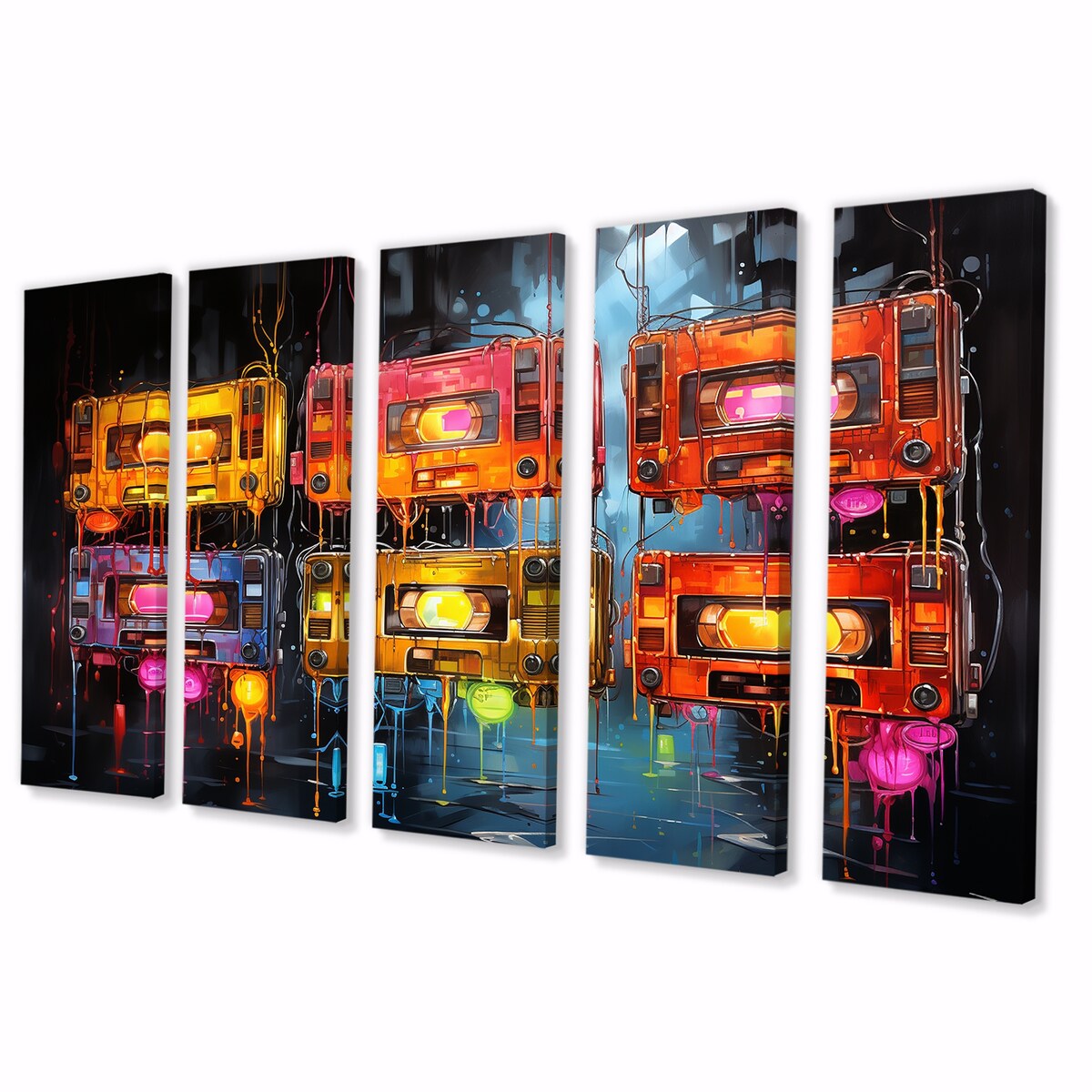 Designart "Neon Groove Cassette Tapes I" Colorful Cassette Tapes Set Of 5 Modern Oversized Canvas Wall Art For Entryway