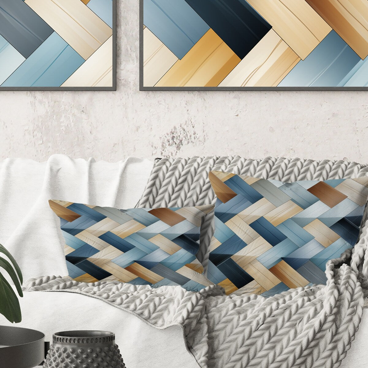 Designart "Nordic Blue And White Stripes Tessellations" Geometric Printed Throw Pillow