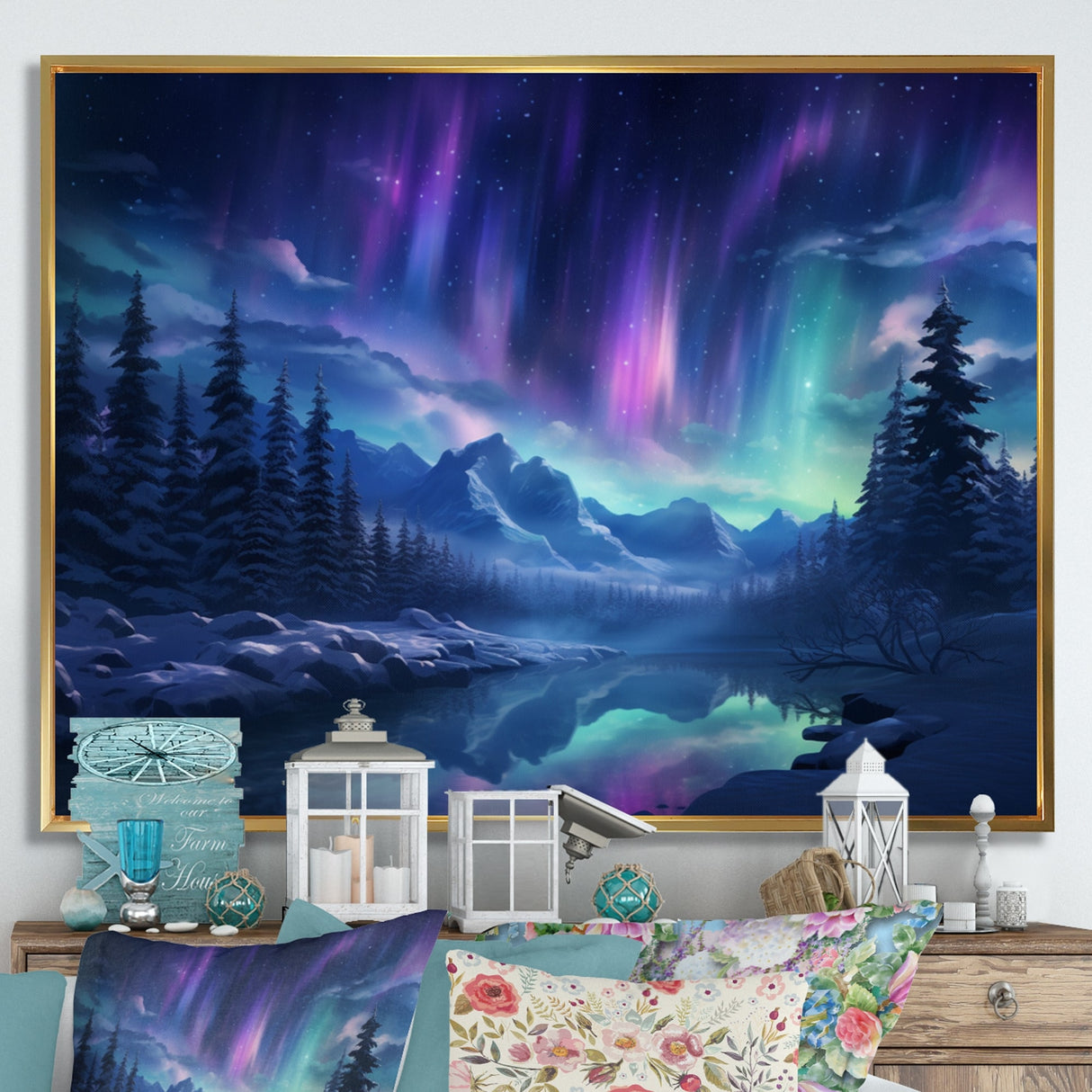 Designart "Northern Lights I" Aurora Borealis Framed Wall Decor
