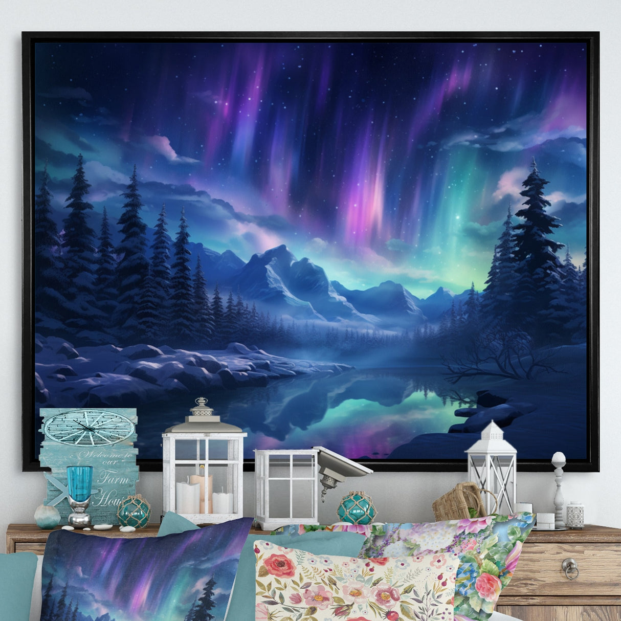 Designart "Northern Lights I" Aurora Borealis Framed Wall Decor