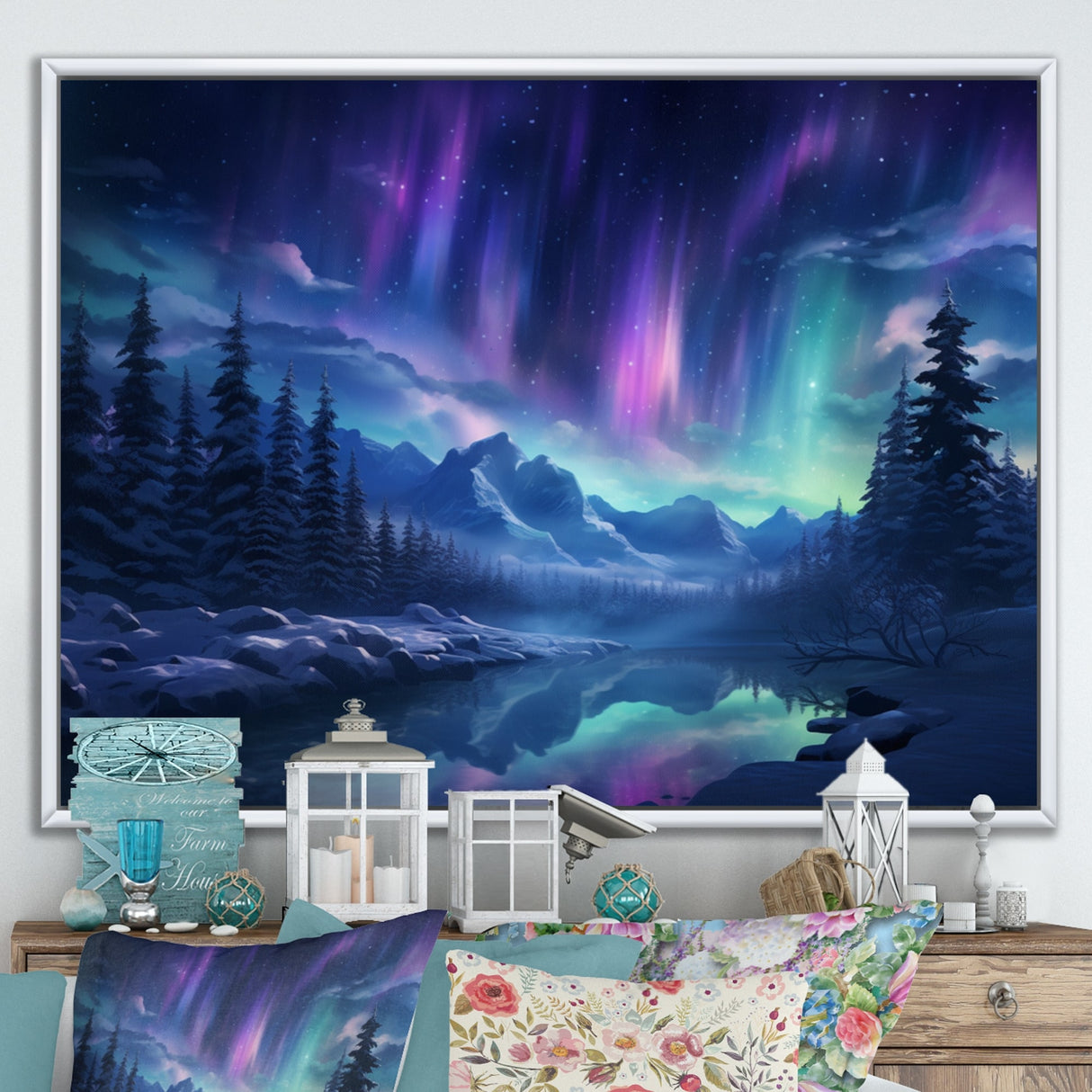 Designart "Northern Lights I" Aurora Borealis Framed Wall Decor