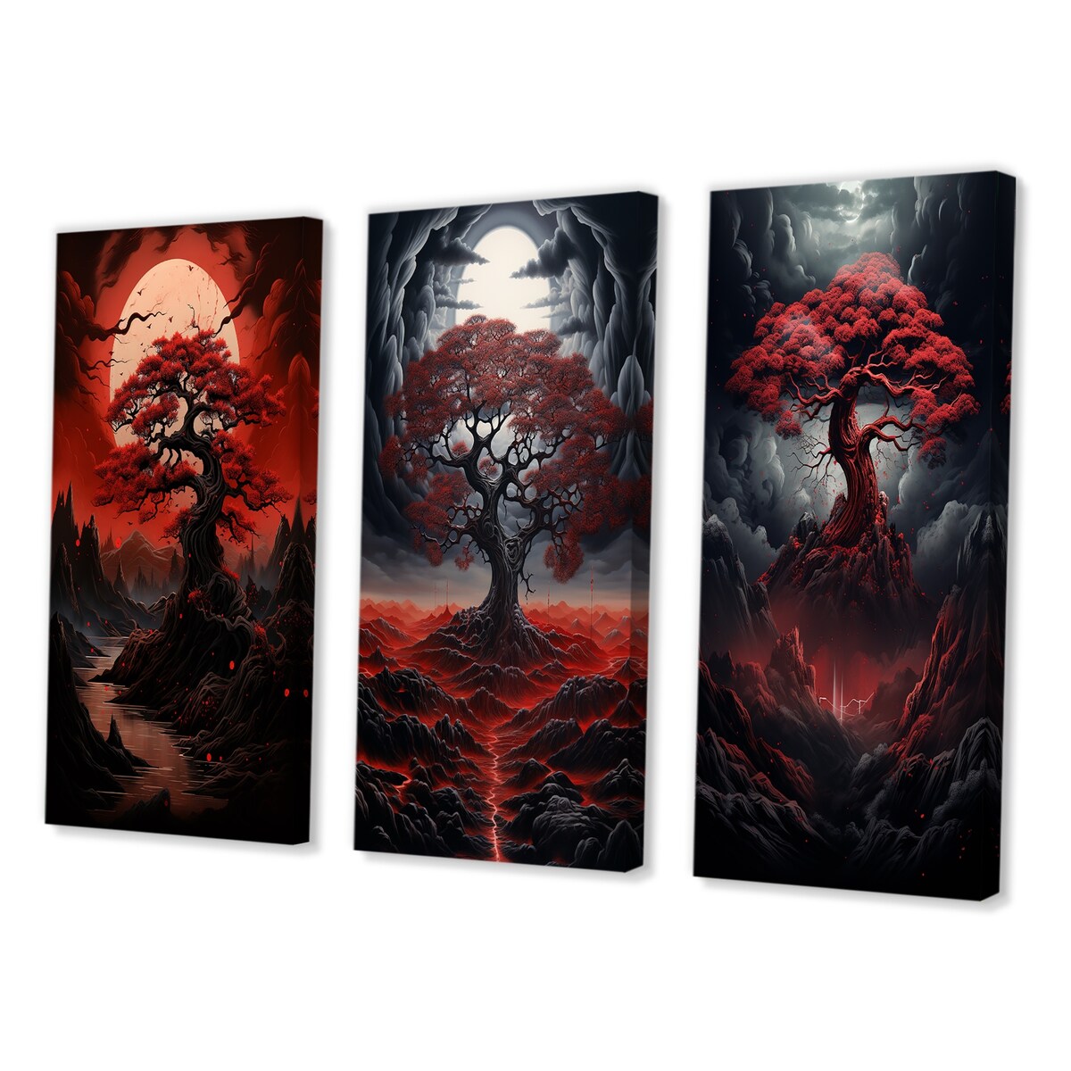 Designart "Occult Red Tree Full Moon Mountain Magic II" Landscape Trees Traditional Gallery Wall Set Of 3 For Home Decor