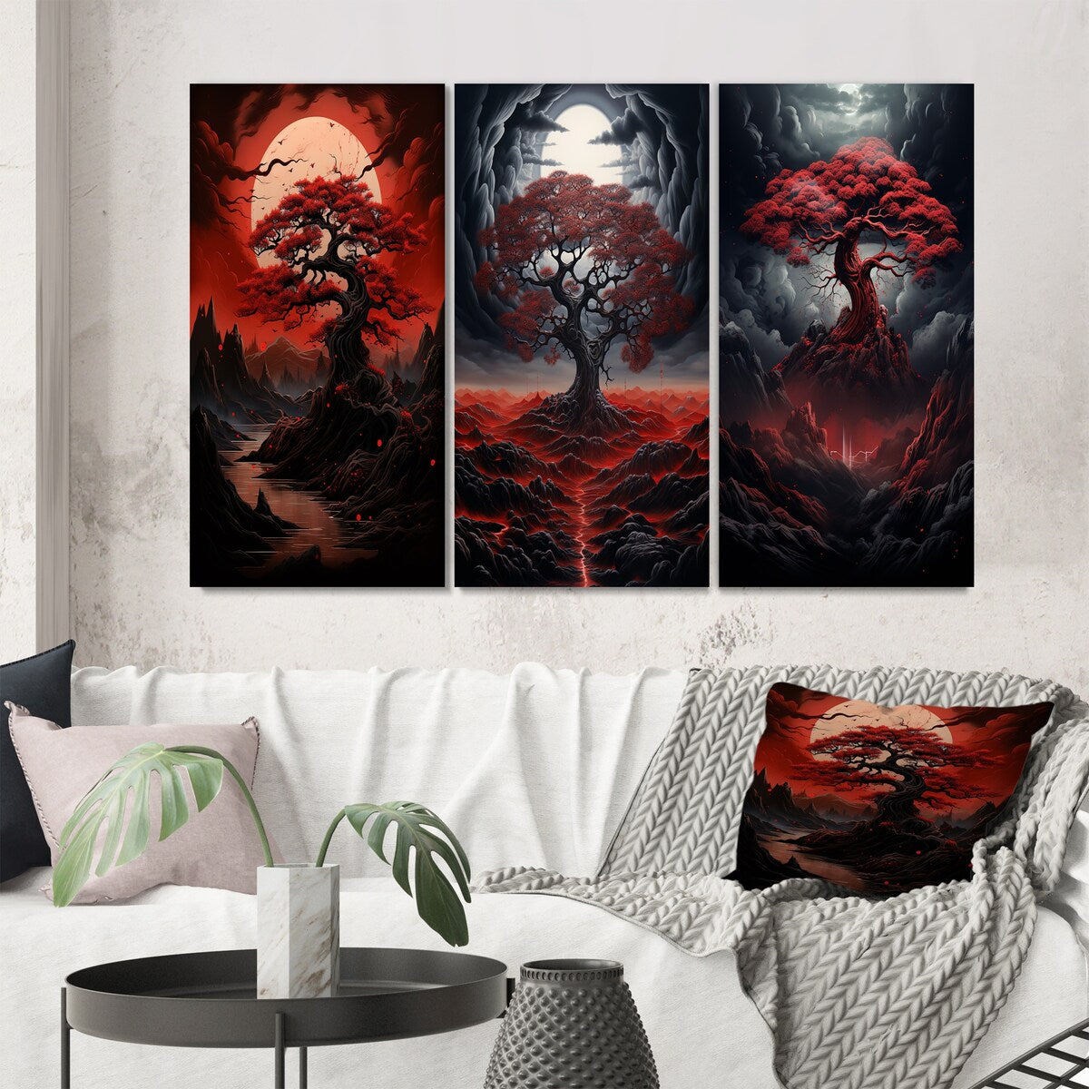 Designart "Occult Red Tree Full Moon Mountain Magic II" Landscape Trees Traditional Gallery Wall Set Of 3 For Home Decor