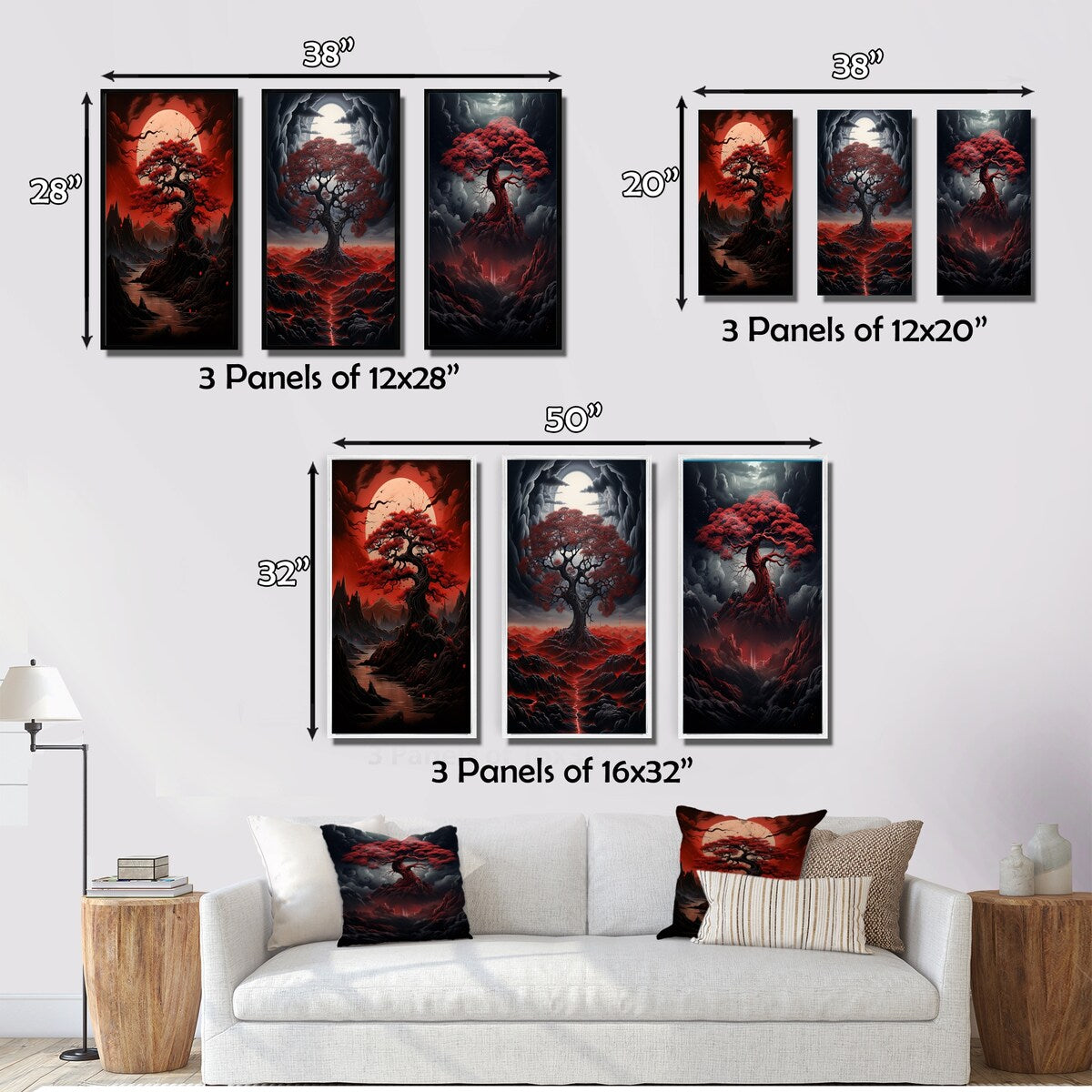 Designart "Occult Red Tree Full Moon Mountain Magic II" Landscape Trees Traditional Gallery Wall Set Of 3 For Home Decor