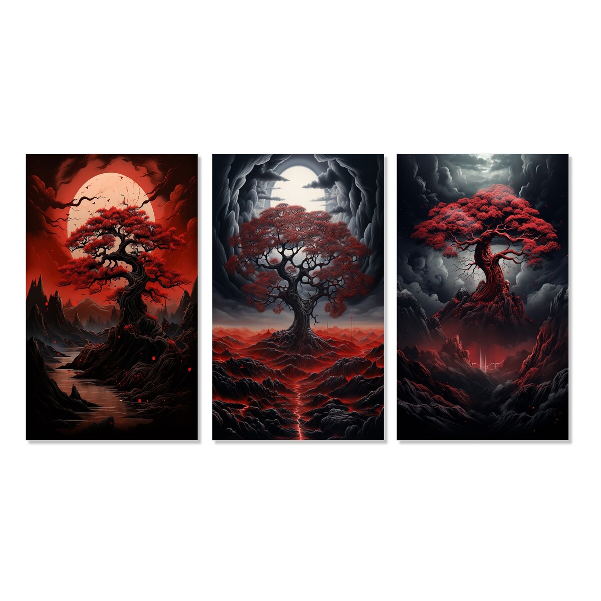 Designart "Occult Red Tree Full Moon Mountain Magic II" Landscape Trees Traditional Gallery Wall Set Of 3 For Home Decor