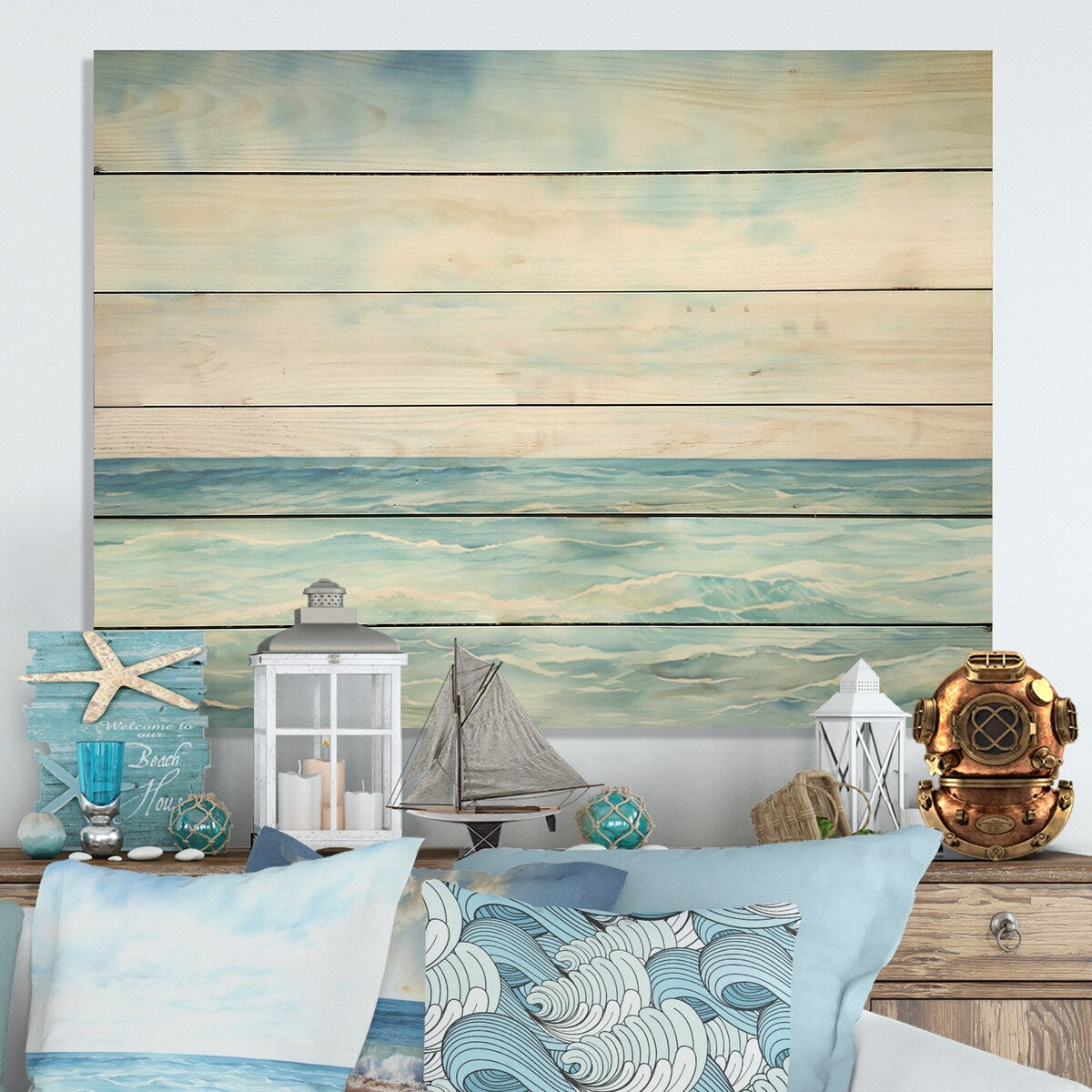 Designart "Ocean Minimalism Horizon Charm" Ocean Wood Wall Decor - Nautical & Coastal Wood Panel On Natural Pine Wood