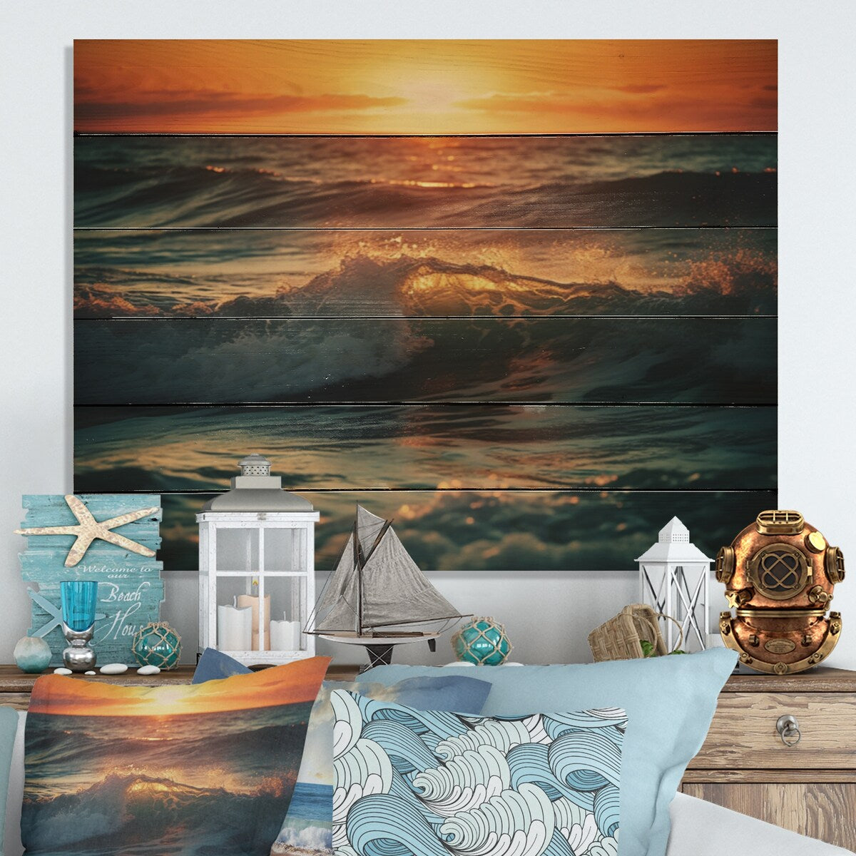 Designart "Ocean Tranquility II" Modern Landscape Beach Print on Natural Pine Wood