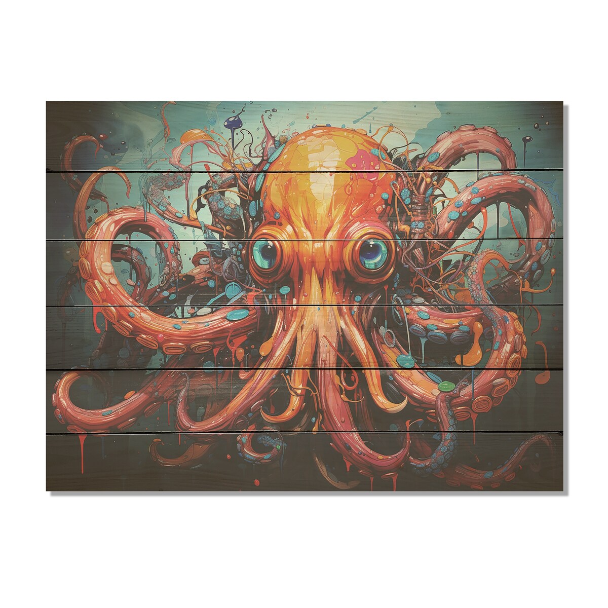 Designart "Octopus Expressionist Abyss" Octopus/Squid Wood Wall Decor - Modern Coral Wood Panel On Natural Pine Wood