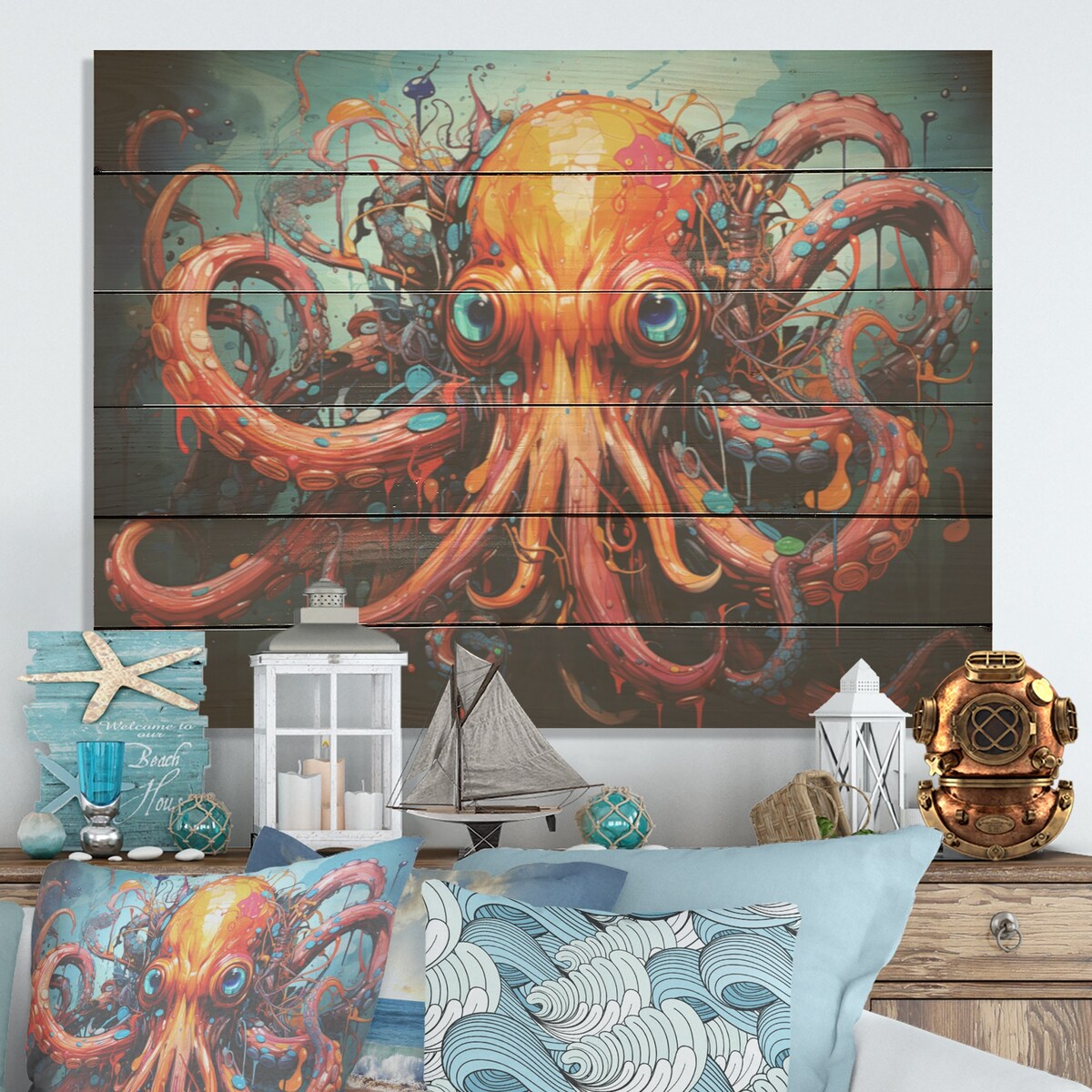 Designart "Octopus Expressionist Abyss" Octopus/Squid Wood Wall Decor - Modern Coral Wood Panel On Natural Pine Wood