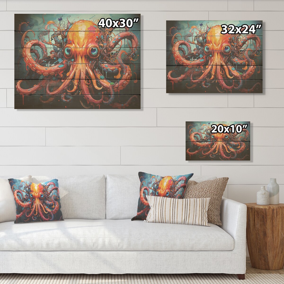 Designart "Octopus Expressionist Abyss" Octopus/Squid Wood Wall Decor - Modern Coral Wood Panel On Natural Pine Wood
