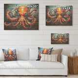 Designart "Octopus Expressionist Abyss" Octopus/Squid Wood Wall Decor - Modern Coral Wood Panel On Natural Pine Wood