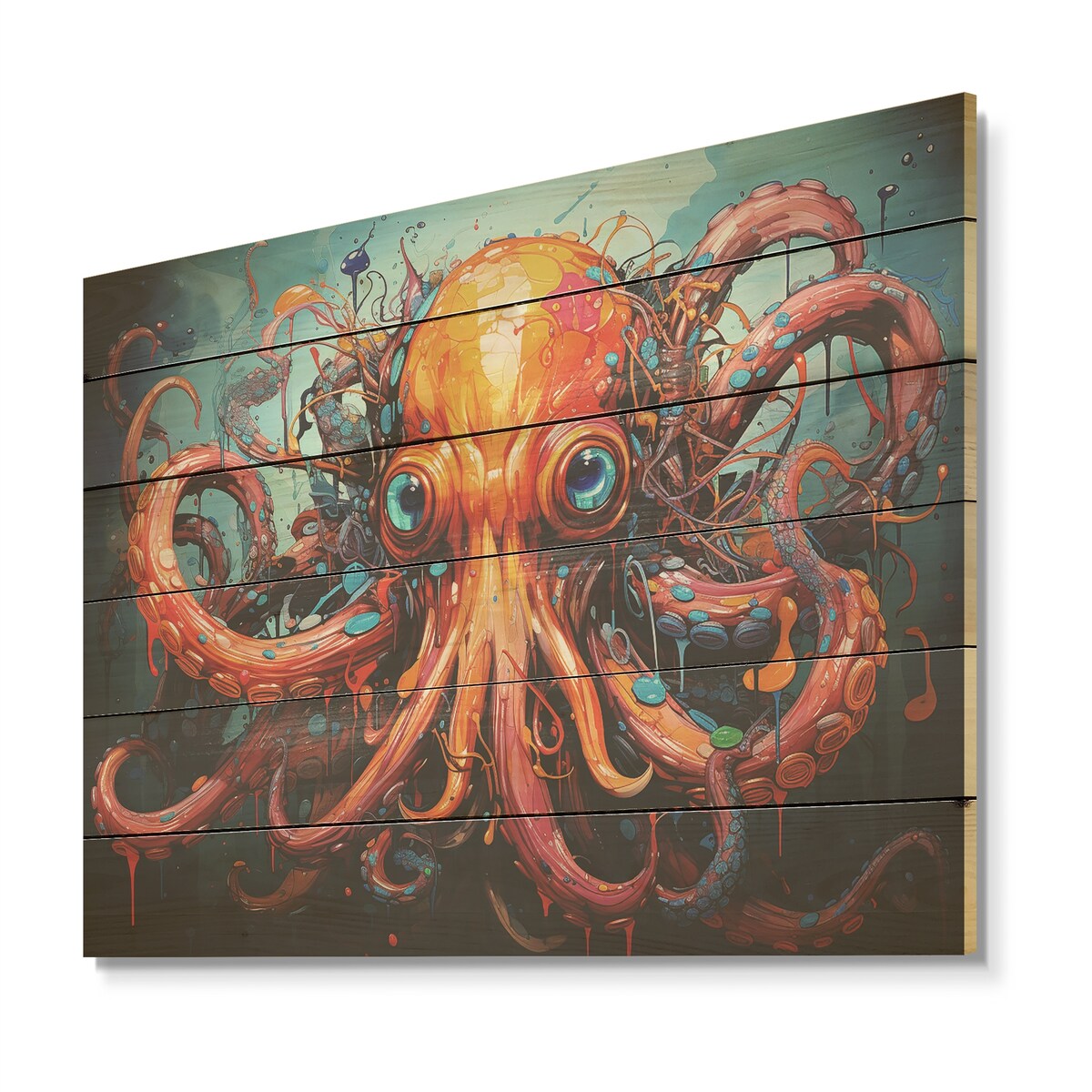 Designart "Octopus Expressionist Abyss" Octopus/Squid Wood Wall Decor - Modern Coral Wood Panel On Natural Pine Wood