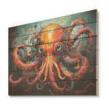 Designart "Octopus Expressionist Abyss" Octopus/Squid Wood Wall Decor - Modern Coral Wood Panel On Natural Pine Wood